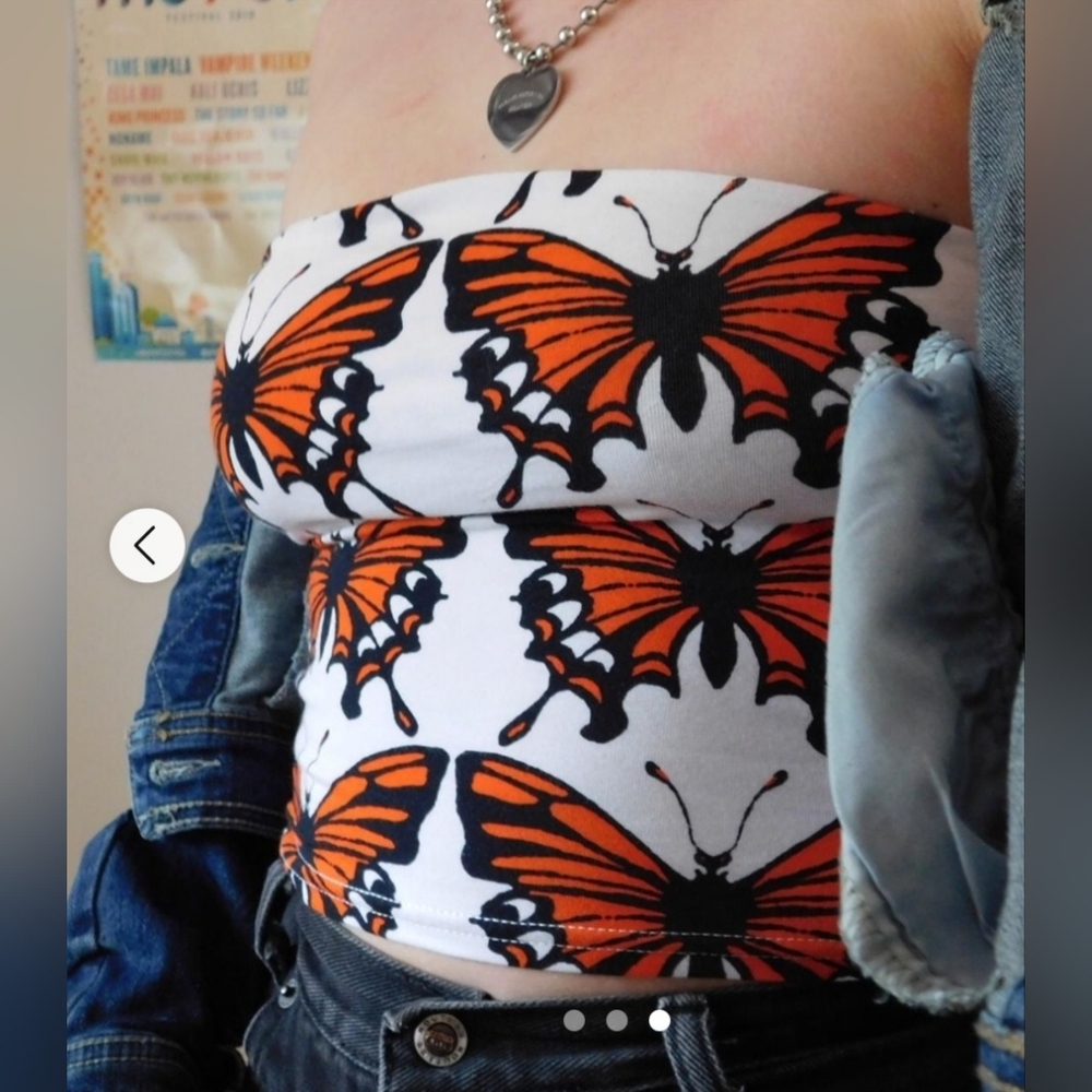Vibrant Butterfly Print Crop Top - Orange and White